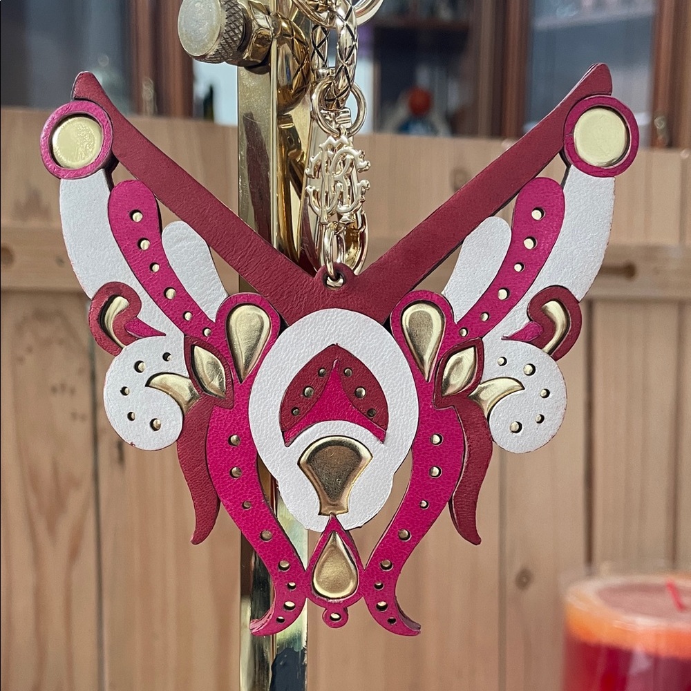 Roberto Cavalli ButterflyLeather Keychain Charm in Magenta, White & Gold